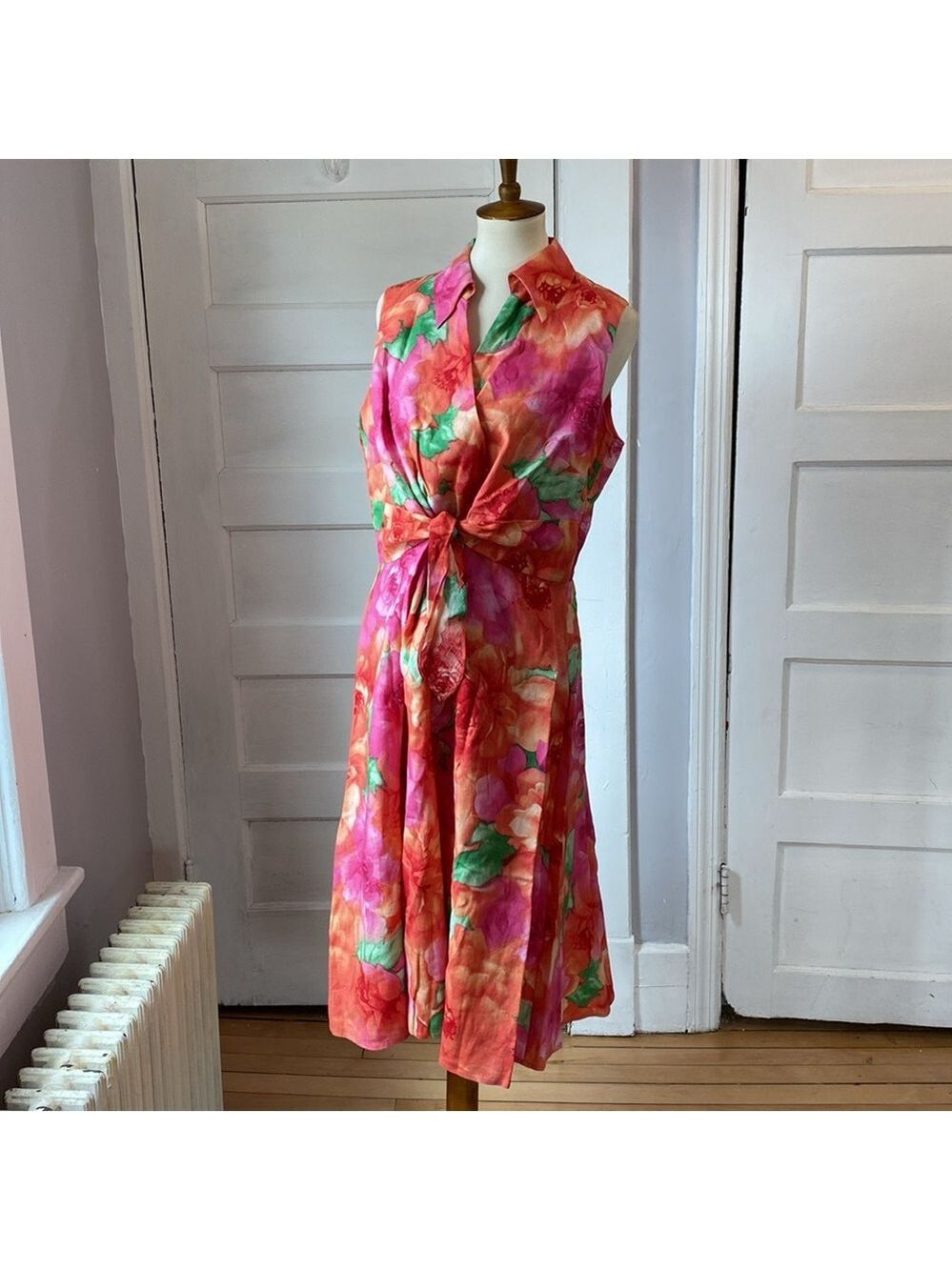 Jones New York Linen Floral Print Tie-Front Midi Dress, Size 14W